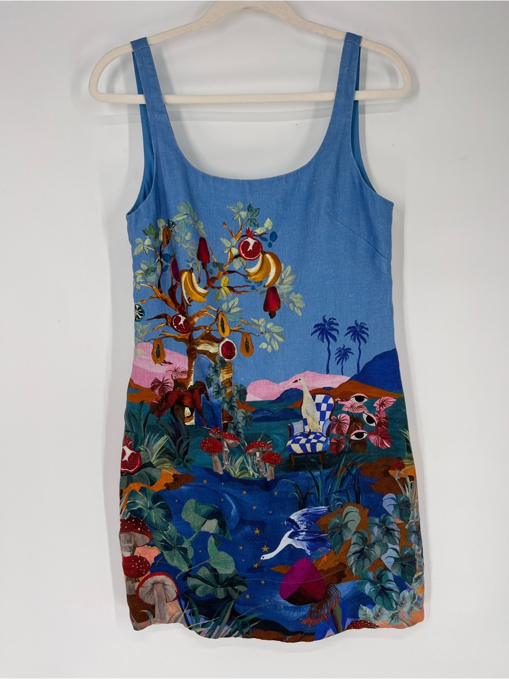 FARM Rio Linen Blue Multicolor Tropical Resortwear Botanical Scoop Mini Dress S